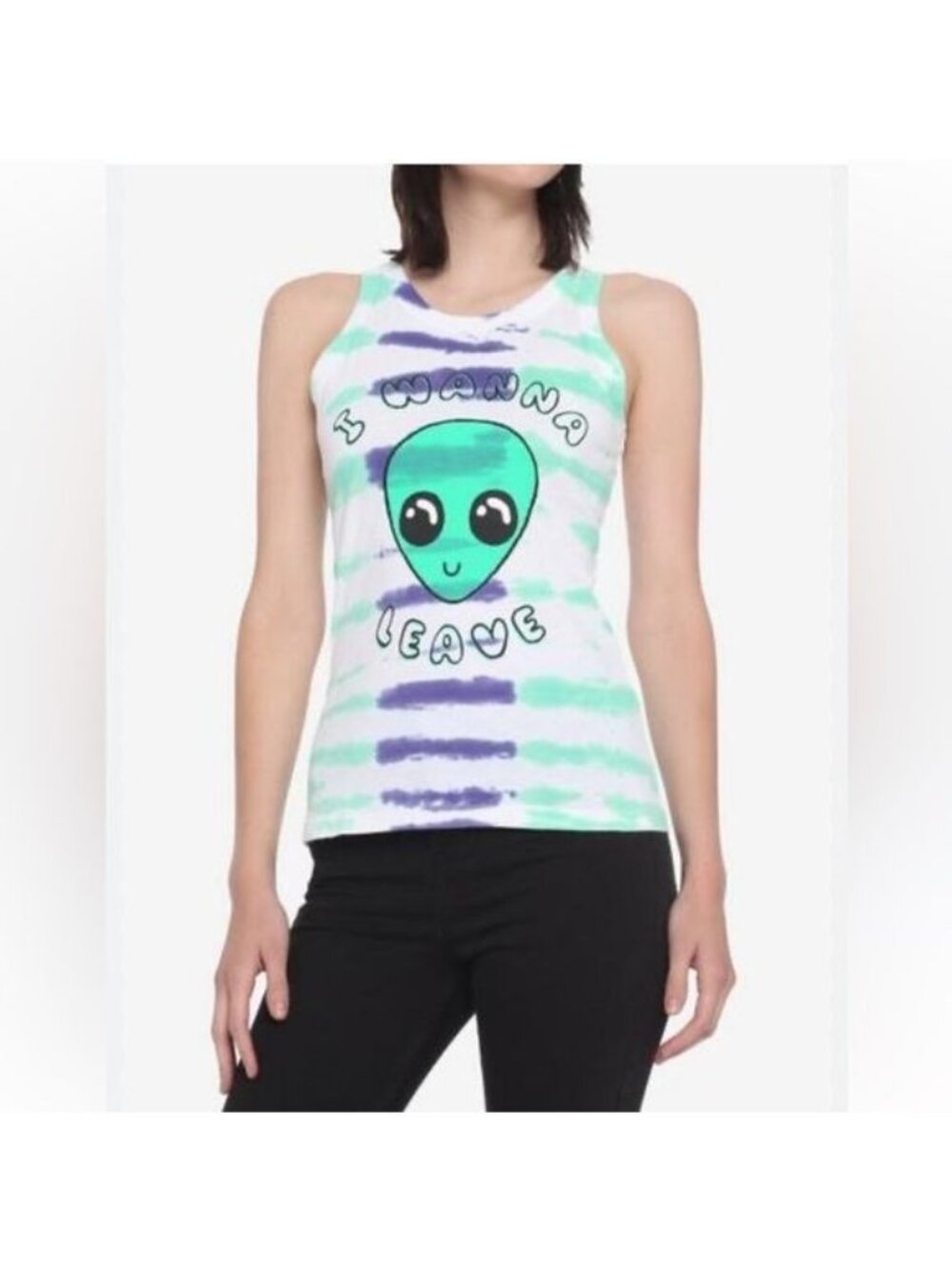 Black Matter Tie-Dye Tank Top "I Wanna Leave" Alien Print Womens XL 100% Cotton